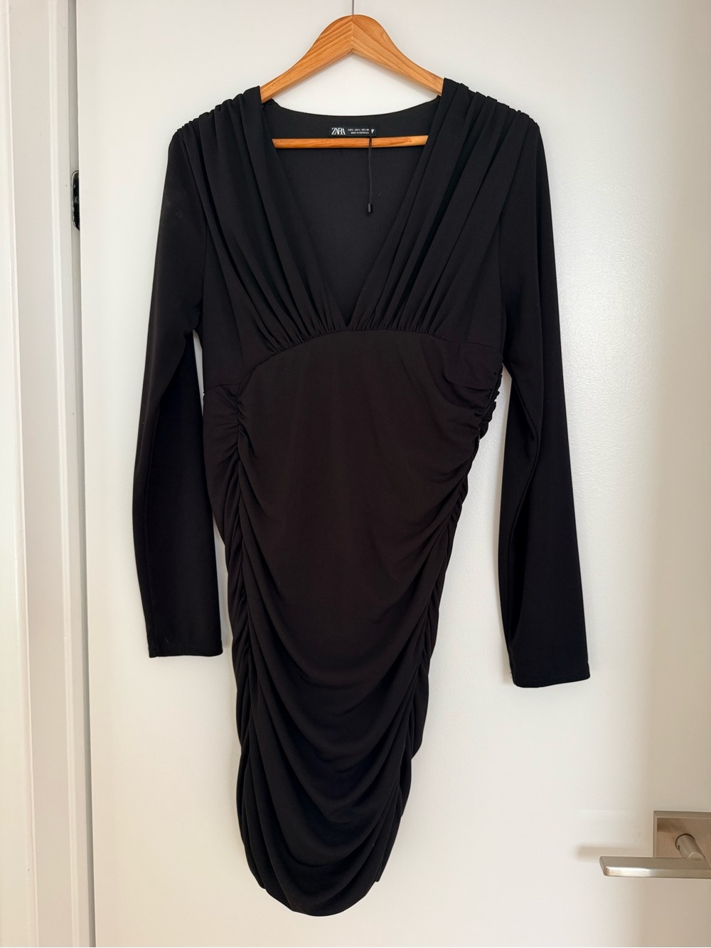 Zara Black Ruched V-Neck Long Sleeve Bodycon Dress